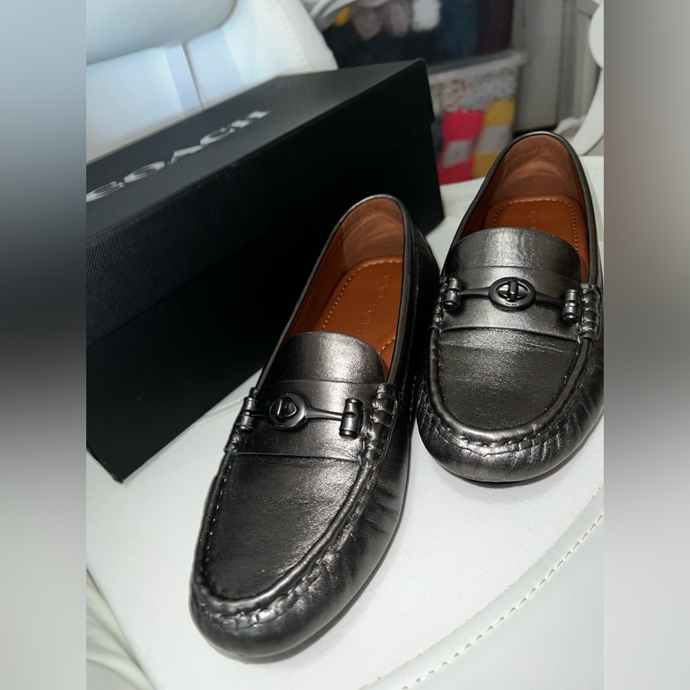 Coach Metallic Gray Leather Loafers